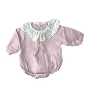 Long sleeve balloon style light pink baby romper with a wide white ruffled collar gathered wrists and button opening on the bottom on a white background.