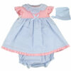 Pink and baby blue dotted dress set has the sweetest polka dotted print with two little pockets on the face of the dress with a combination of a soft pink top with ruffled capped sleeves, ruffled collar and bow. Comes with a matching bonnet and bloomers on a white background.