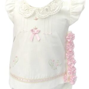 This is such a sweet ivory baby dress set. The dress has a beautiful cutout Ivy lace collar, pink embroidered flower details with dainty green leaves and scrolling. The eyelet lace is trimmed with a satin pink ribbon woven through the border of dress. Includes adorable matching bloomers and pink flower headband with pearl accents. 65% polyester 35% cotton Made in Columbia Size- Newborn Sold by Alz's Baby Boutique