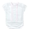 Your baby will look so cute in this white bodysuit. The details are simply adorable with the short gathered capped sleeves and the eyelet scallop trim design down the chest with a snap bottom closure. Pair with just about any pair of your favorite bloomers or pants. 100% Cotton Made in Spain Three varieties available to choose from White on white, Pink on white, Baby blue on white Size 1m, 3m, 6m, 12m Sold by Alz's Baby Boutique