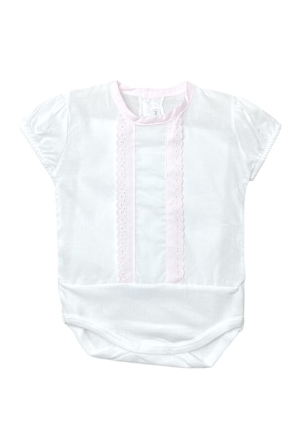 Your baby will look so cute in this white bodysuit. The details are simply adorable with the short gathered capped sleeves and the eyelet scallop trim design down the chest with a snap bottom closure. Pair with just about any pair of your favorite bloomers or pants. 100% Cotton Made in Spain Three varieties available to choose from White on white, Pink on white, Baby blue on white Size 1m, 3m, 6m, 12m Sold by Alz's Baby Boutique