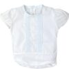 Your baby will look so cute in this white bodysuit. The details are simply adorable with the short gathered capped sleeves and the eyelet scallop trim design down the chest with a snap bottom closure. Pair with just about any pair of your favorite bloomers or pants. 100% Cotton Made in Spain Three varieties available to choose from White on white, Pink on white, Baby blue on white Size 1m, 3m, 6m, 12m Sold by Alz's Baby Boutique