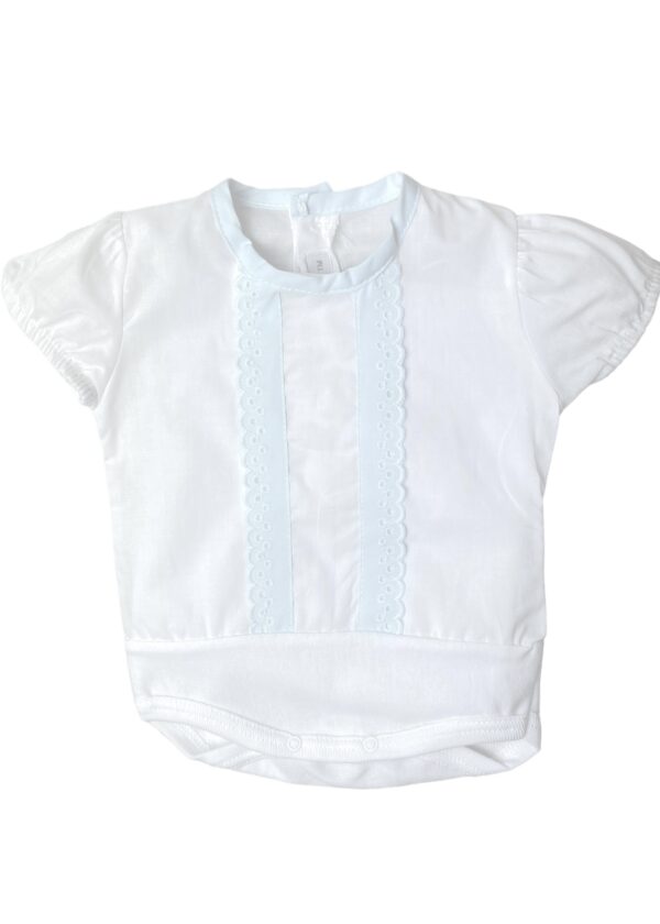 Your baby will look so cute in this white bodysuit. The details are simply adorable with the short gathered capped sleeves and the eyelet scallop trim design down the chest with a snap bottom closure. Pair with just about any pair of your favorite bloomers or pants. 100% Cotton Made in Spain Three varieties available to choose from White on white, Pink on white, Baby blue on white Size 1m, 3m, 6m, 12m Sold by Alz's Baby Boutique