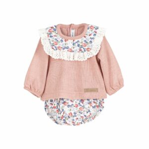 Girls Floral Long Sleeved Ruffled Bib Set